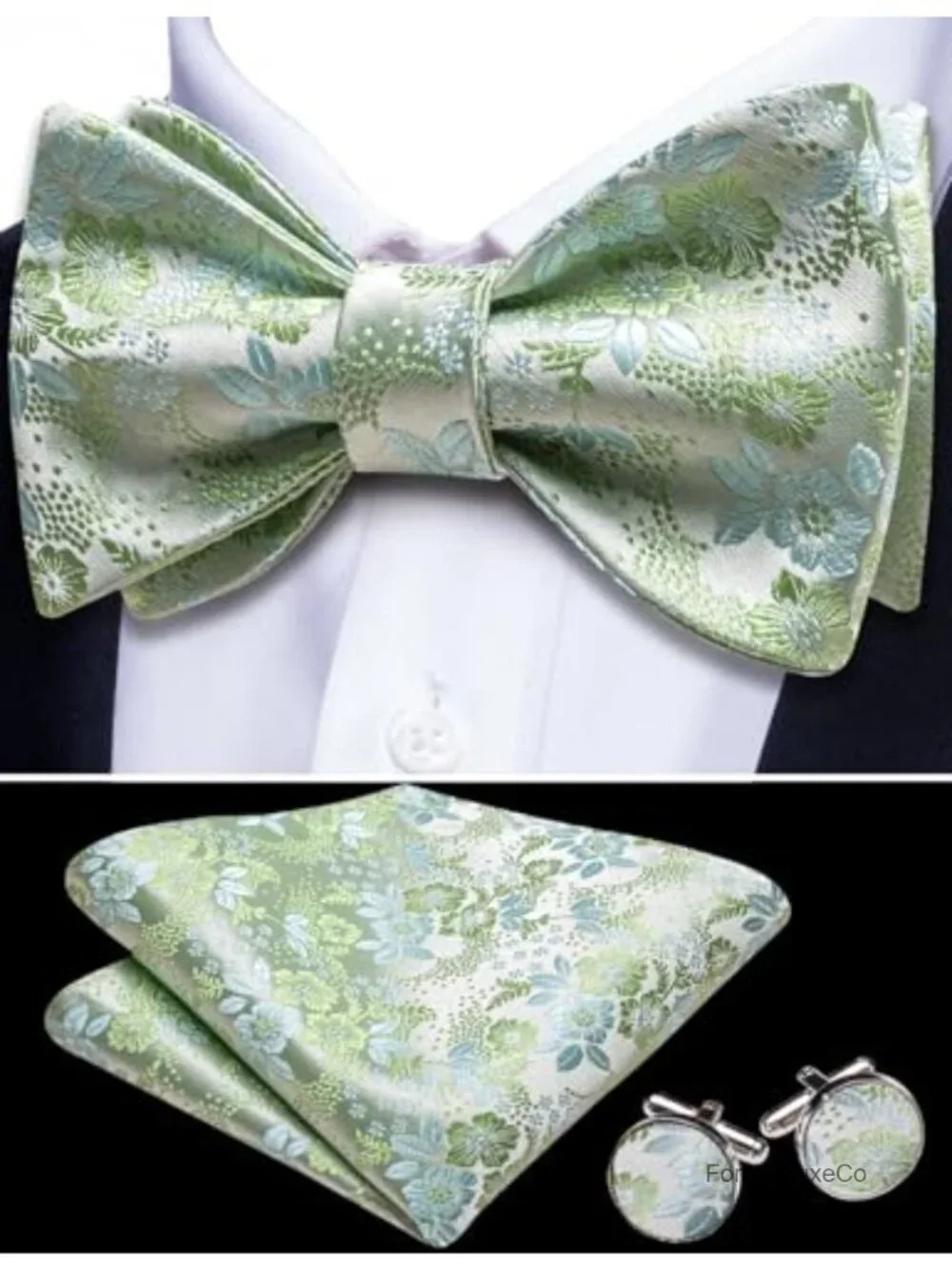 Silk Blend Self Tie Bowtie with Pocket Square and Cufflinks Set for Weddings